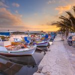 Greek Fishing boats harbor scene