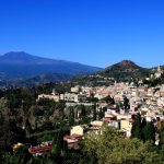 Mt Etna and Taormina as seen from the Ancient Theatre of Taormina