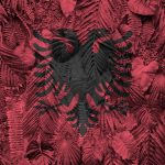 Albania flag depicted on many leafs of monstera palm trees. Trendy fashionable backdrop