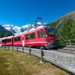 Swiss mountain train Bernina Express crossed Alps