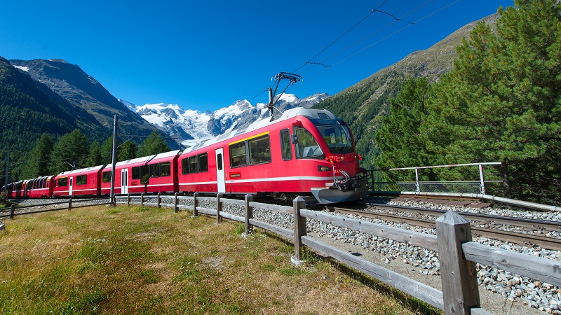 Swiss mountain train Bernina Express crossed Alps