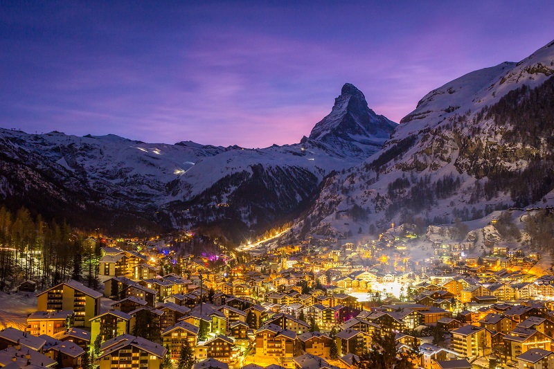 Zermatt Town and Matterhorn Mountain at Winter Night. Swiss Alps, Switzerland